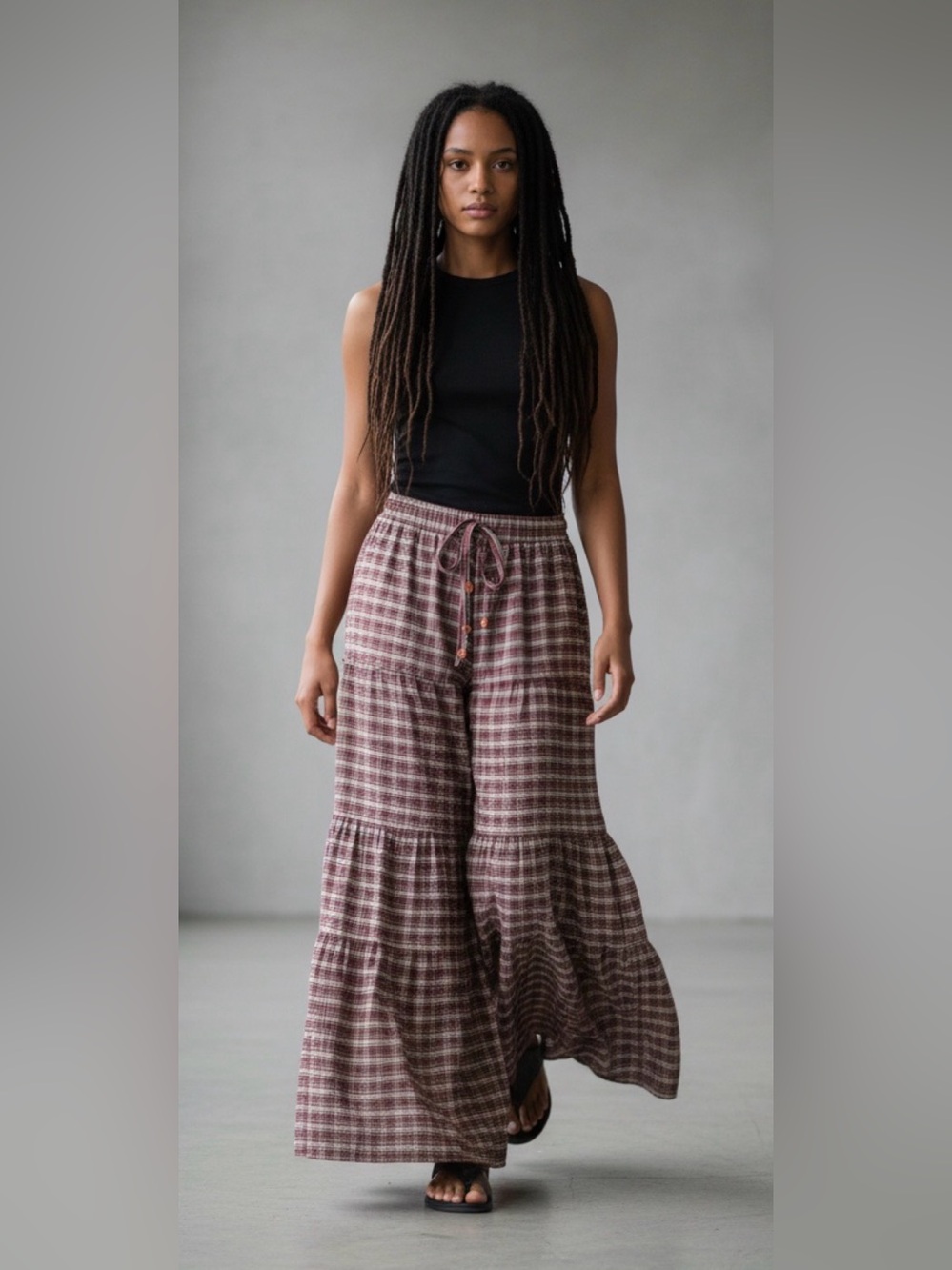 Easel Lis Angeles TierMaroon Tan & Olive Plaid Wide Leg Flouncy Pants
